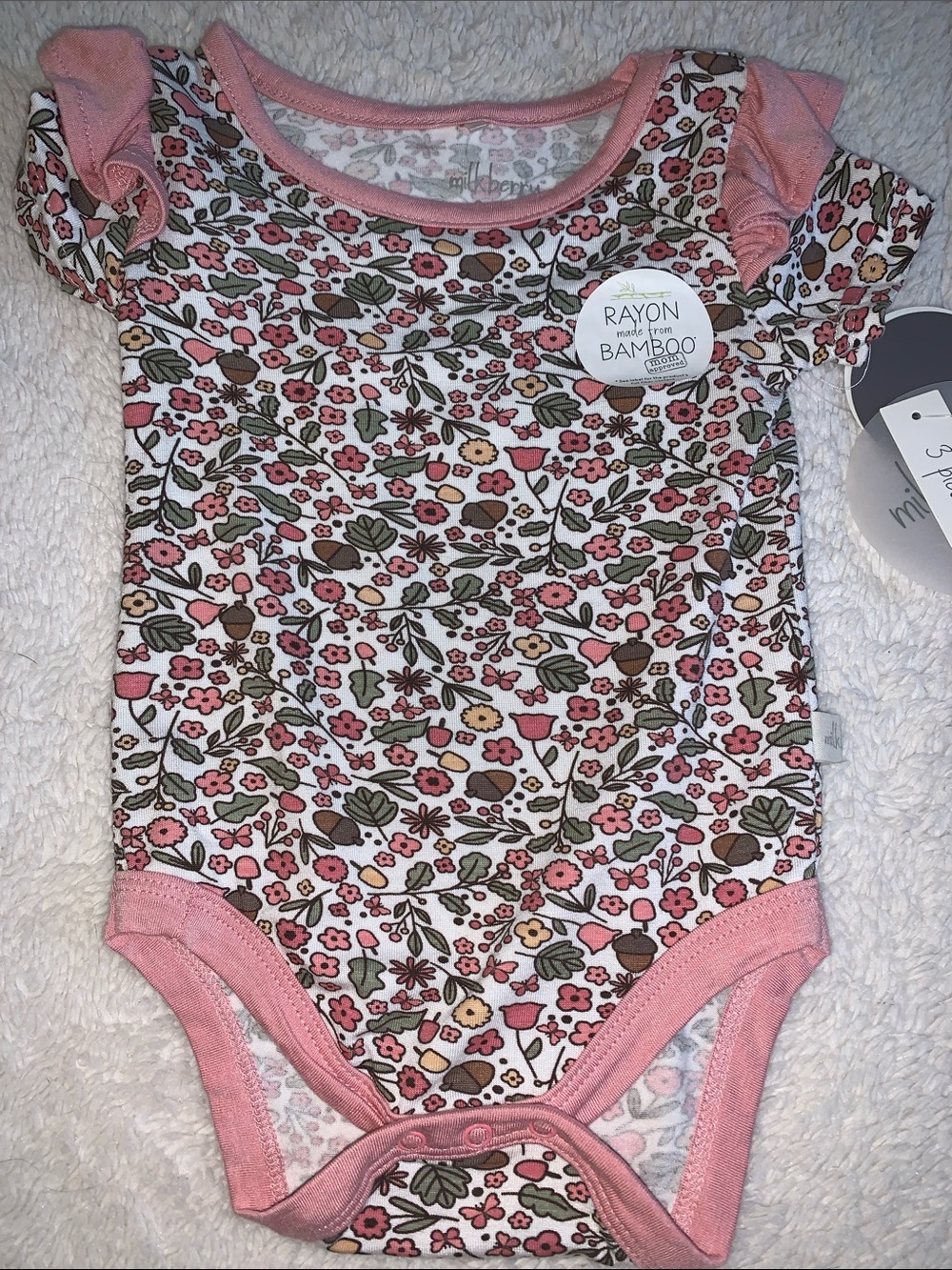 NWT Milkberry 3pc Set 3-6M Bamboo Bodysuit Pants Headband Acorns - Picture 4 of 9